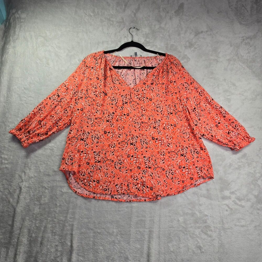 Wit & Wisdom Blouse Women's 1X Orange Floral Top Shirt Boho Peasant Printed